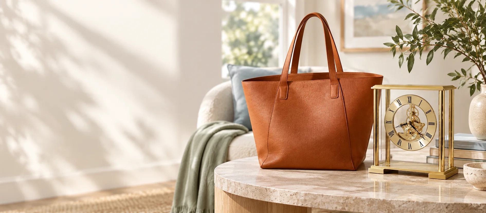Cognac leather tote and brass tabletop clock in a sunlit reading nook