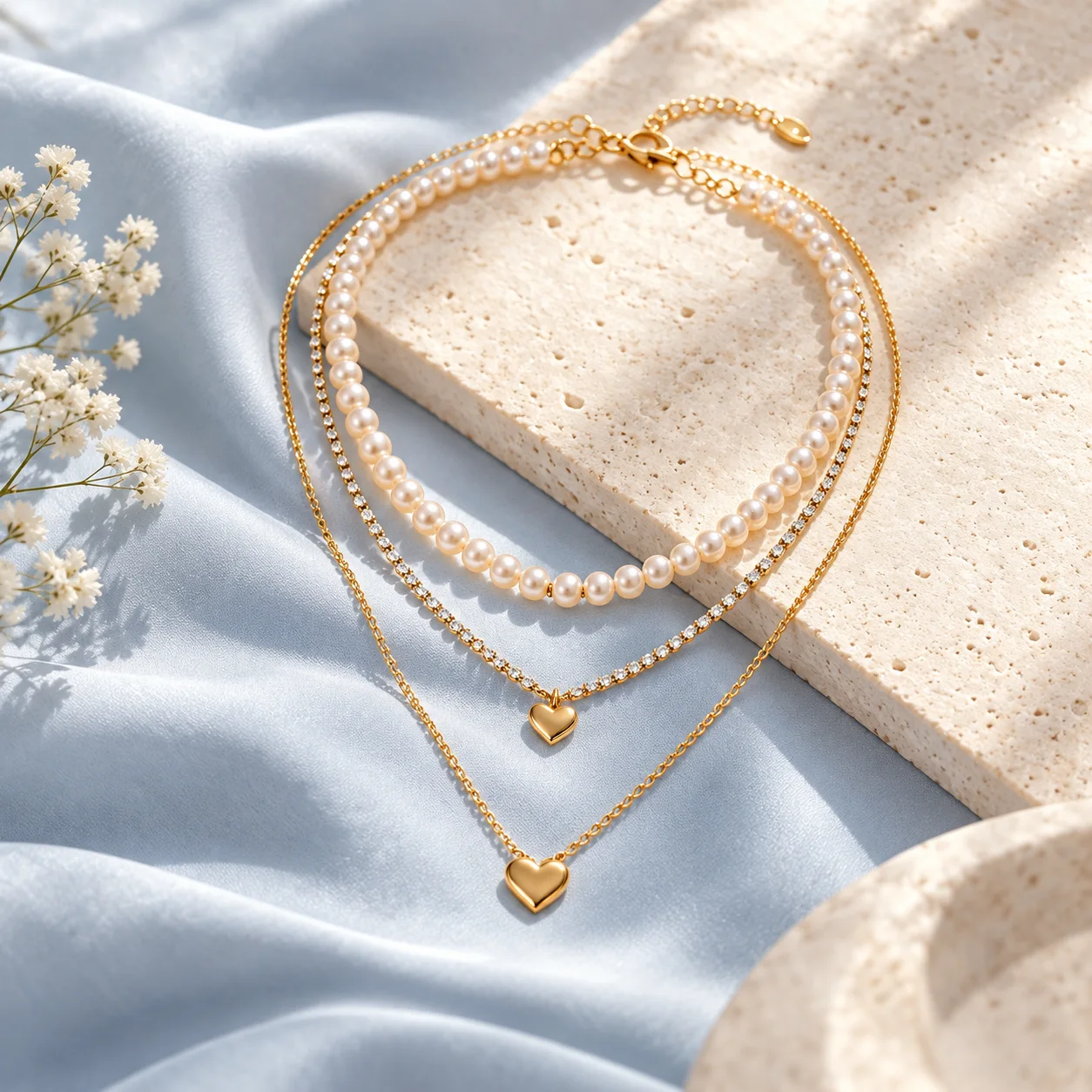 Newly photographed layered pearl and gold heart necklace